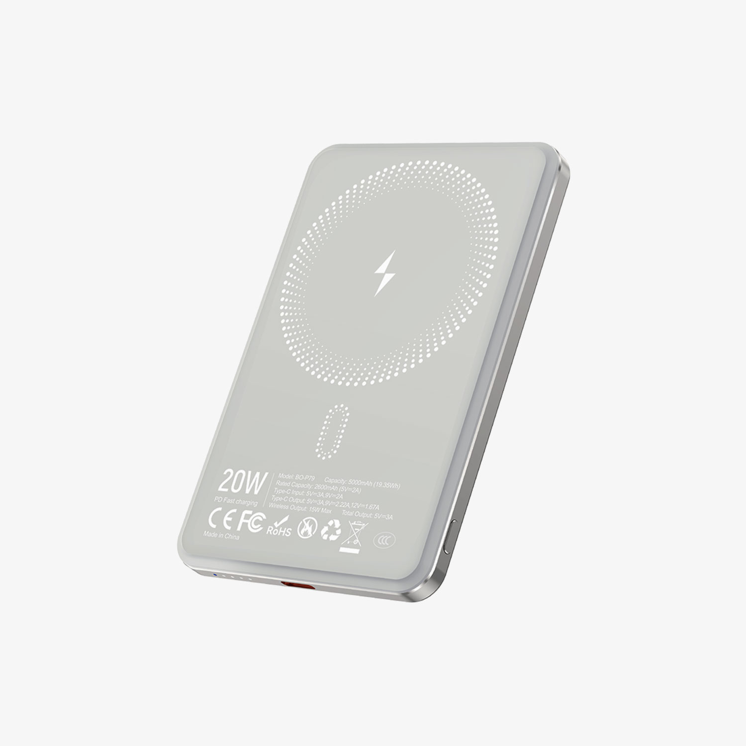 5000mAh Magnetic Power Bank Ultra-Slim Light Grey