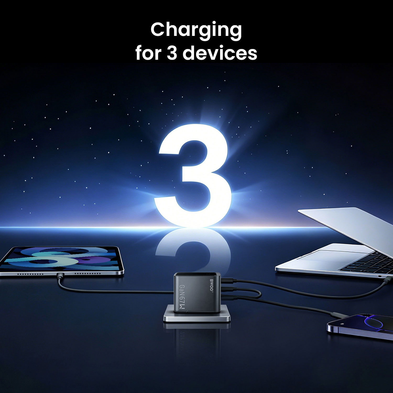 BWOO 67W 3-port charger simultaneously charging MacBook iPhone AirPods