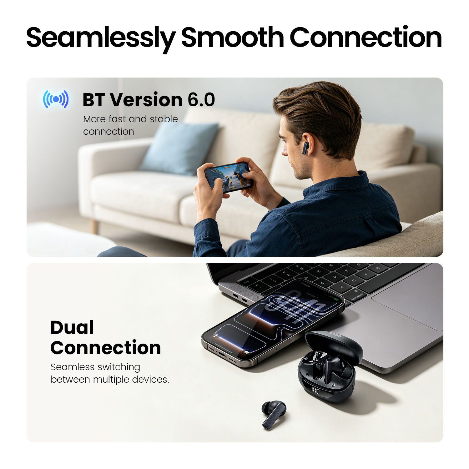 BWOO ANC Earbuds with Seamlessly Smooth Connection
