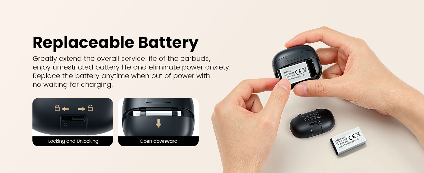 BWOO portable wireless earphones with replaceable battery