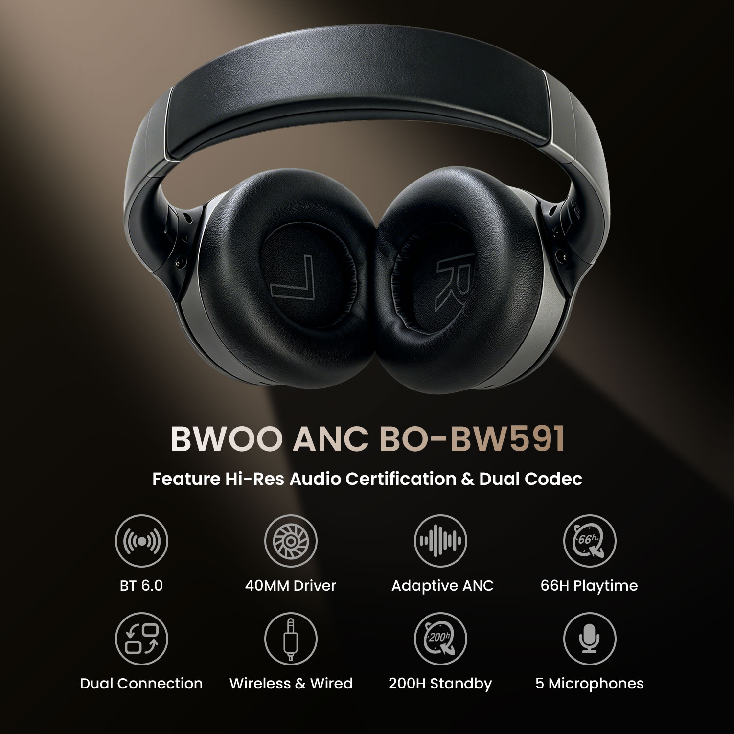BWOO ANC Wireless Headphone with 40mm driver