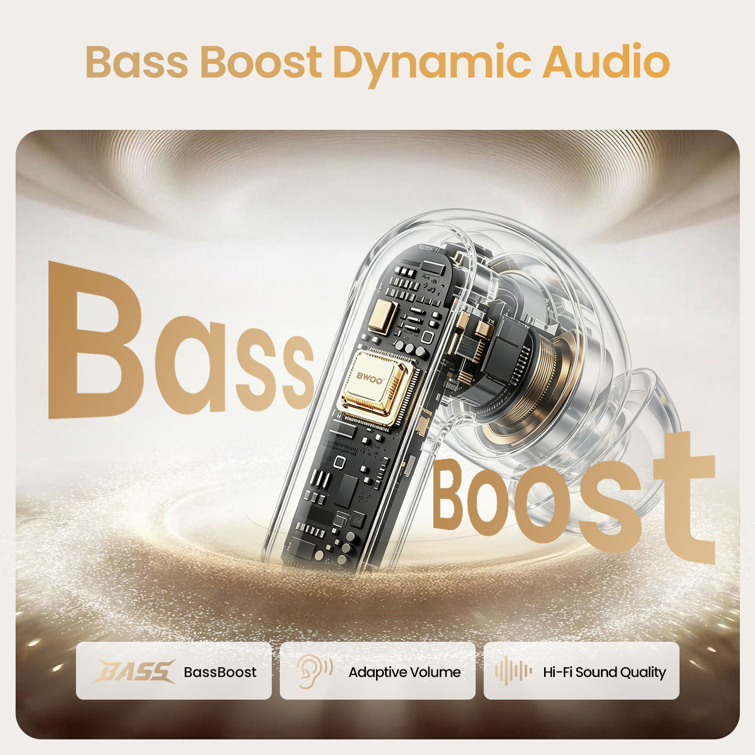 BWOO wireless earbuds with bass boost dynamic audio