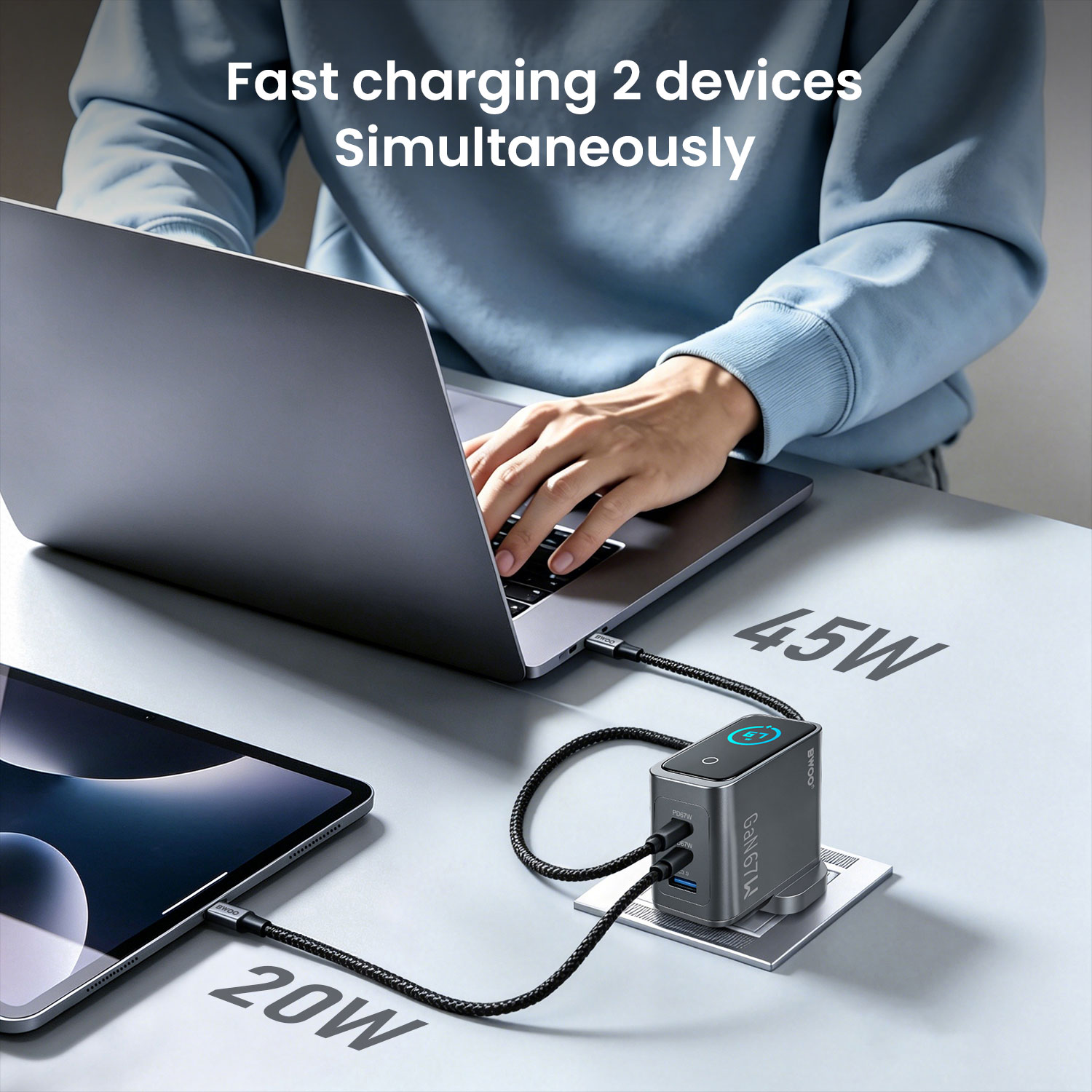 BWOO 67W 3-port wall charger powering up three devices efficiently