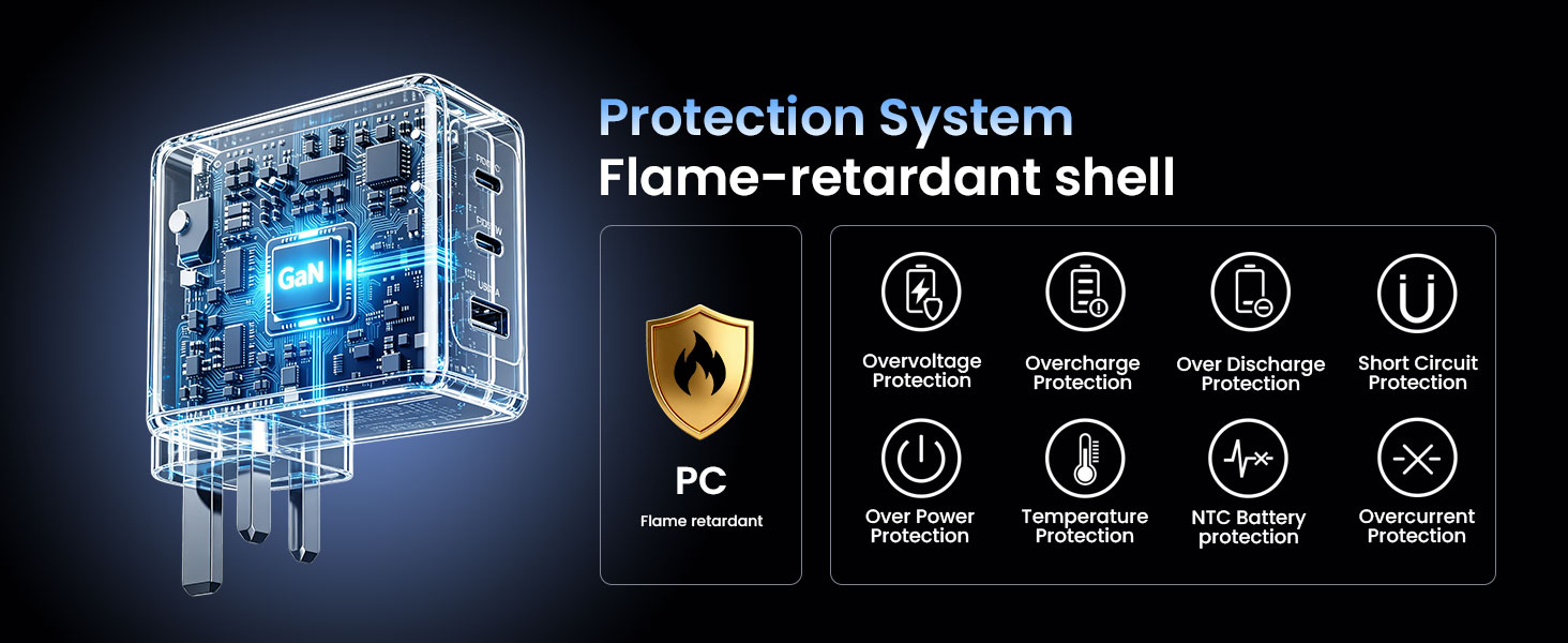 BWOO GaN wall charger showing certified fire-retardant material