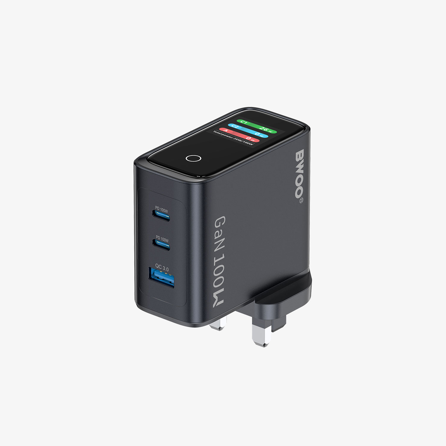 BWOO 3-port gan charger with led display screen