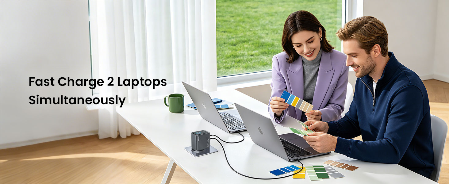 Multi-tasking workspace with BWOO 4 ports GaN smart display charger
