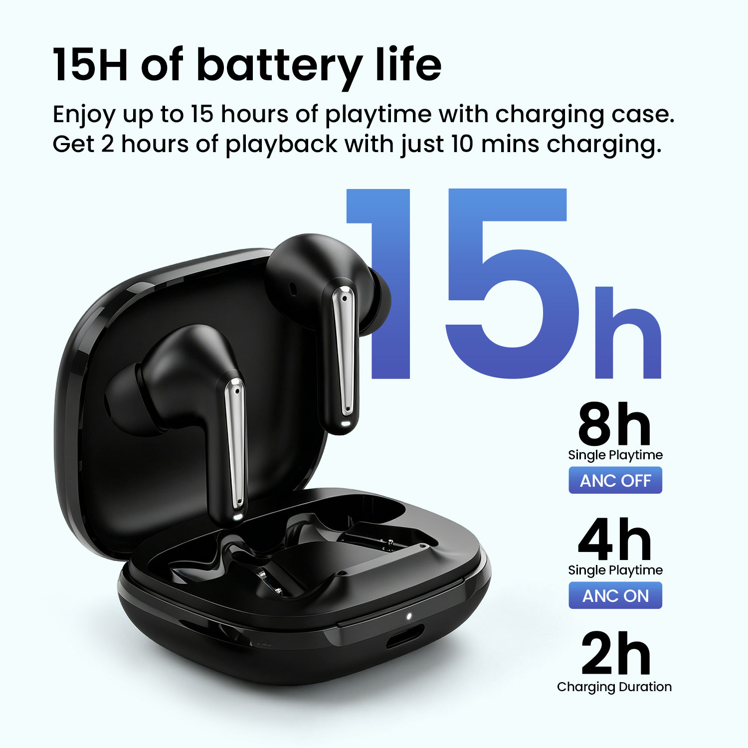 BWOO ANC Wireless Earbuds with 15h Battery Life