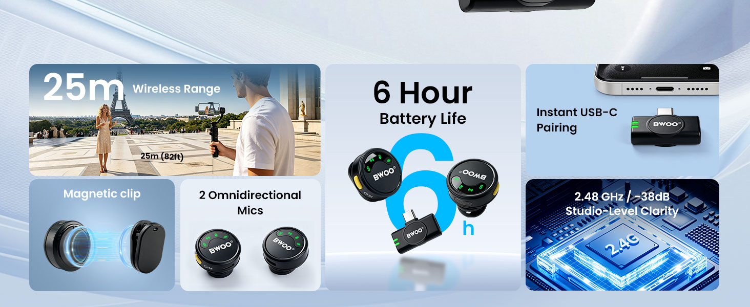 BWOO Wireless Microphone for Extended Recording Sessions