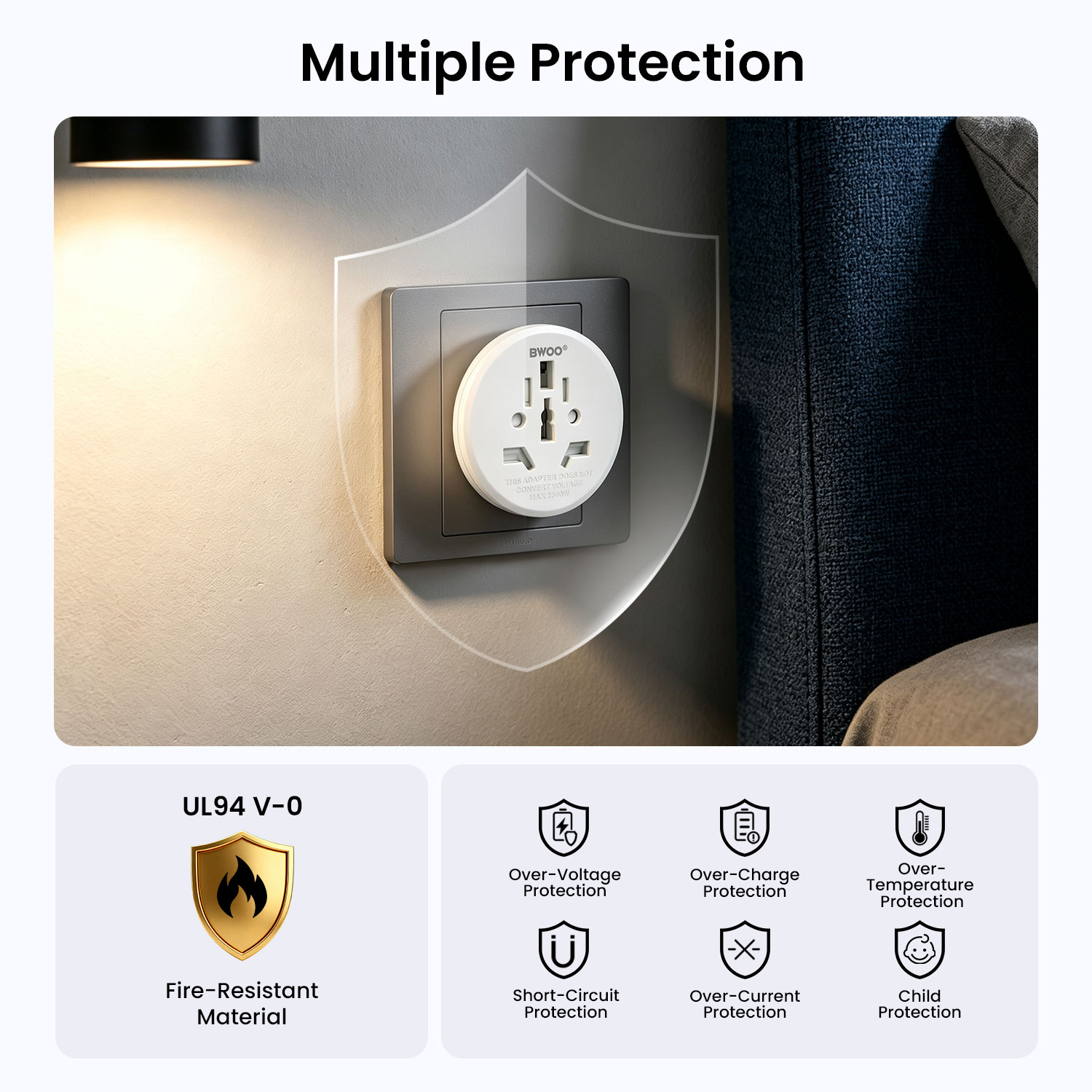 BWOO universal travel adapter with multi-layer safety protection