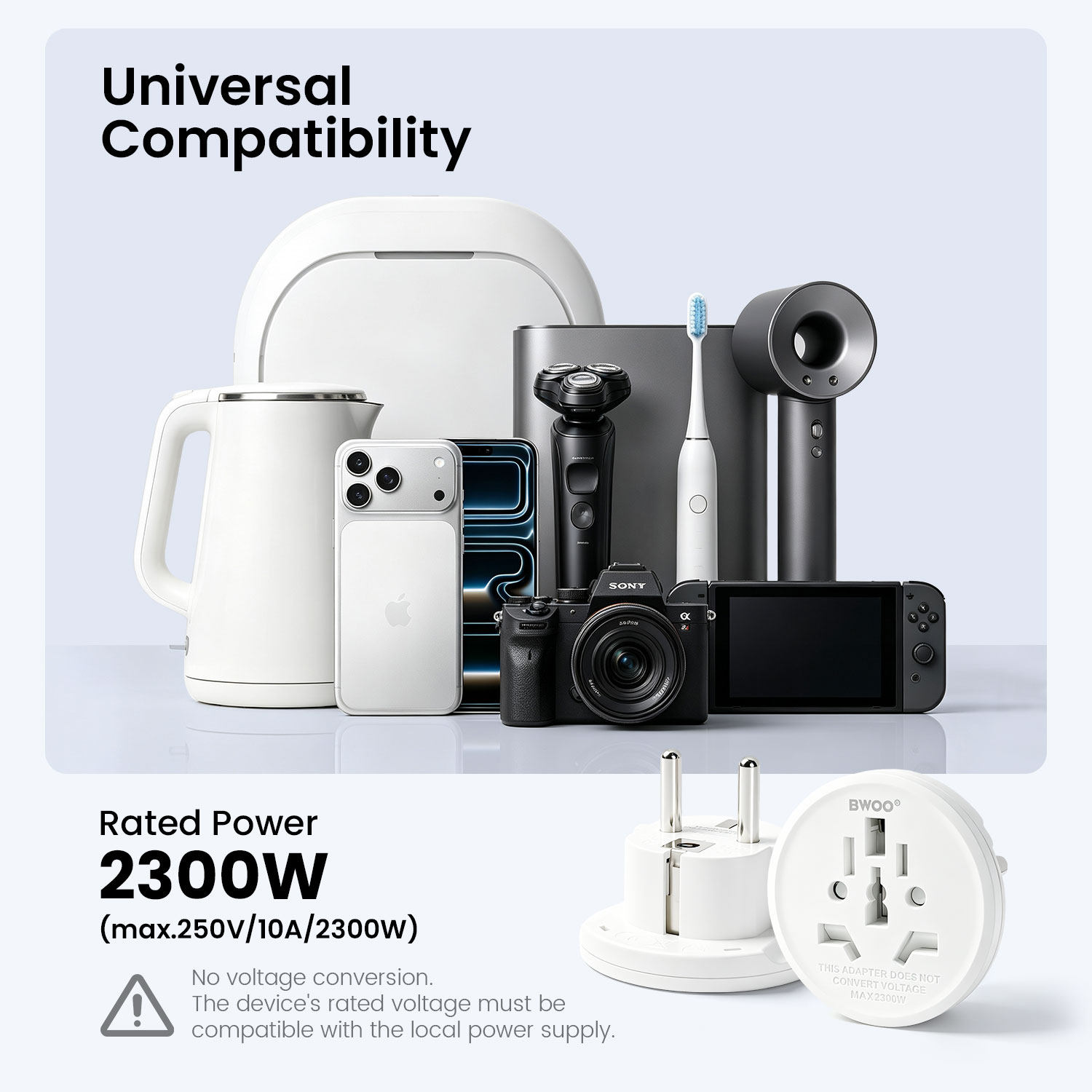 BWOO travel adapter supporting 100V-250V AC input