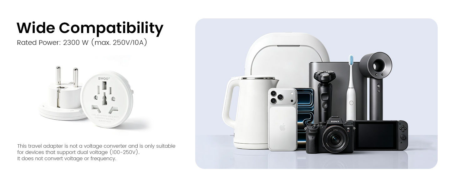 BWOO travel adapter with wide compatibility