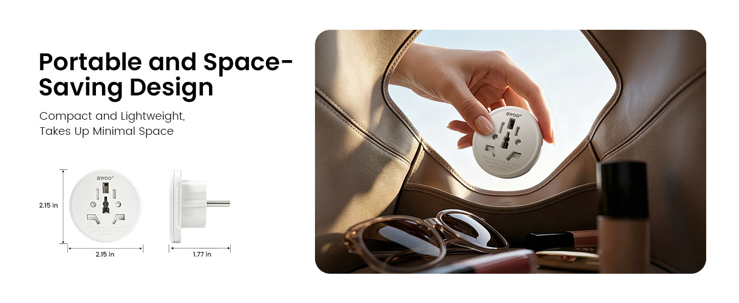 Compact BWOO travel adapter easy to carry in luggage