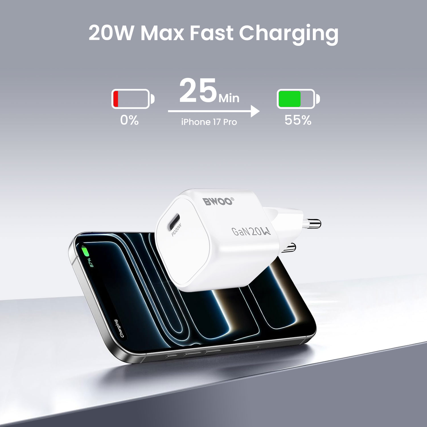 BWOO 20W PD fast charger for iPhone and Android devices
