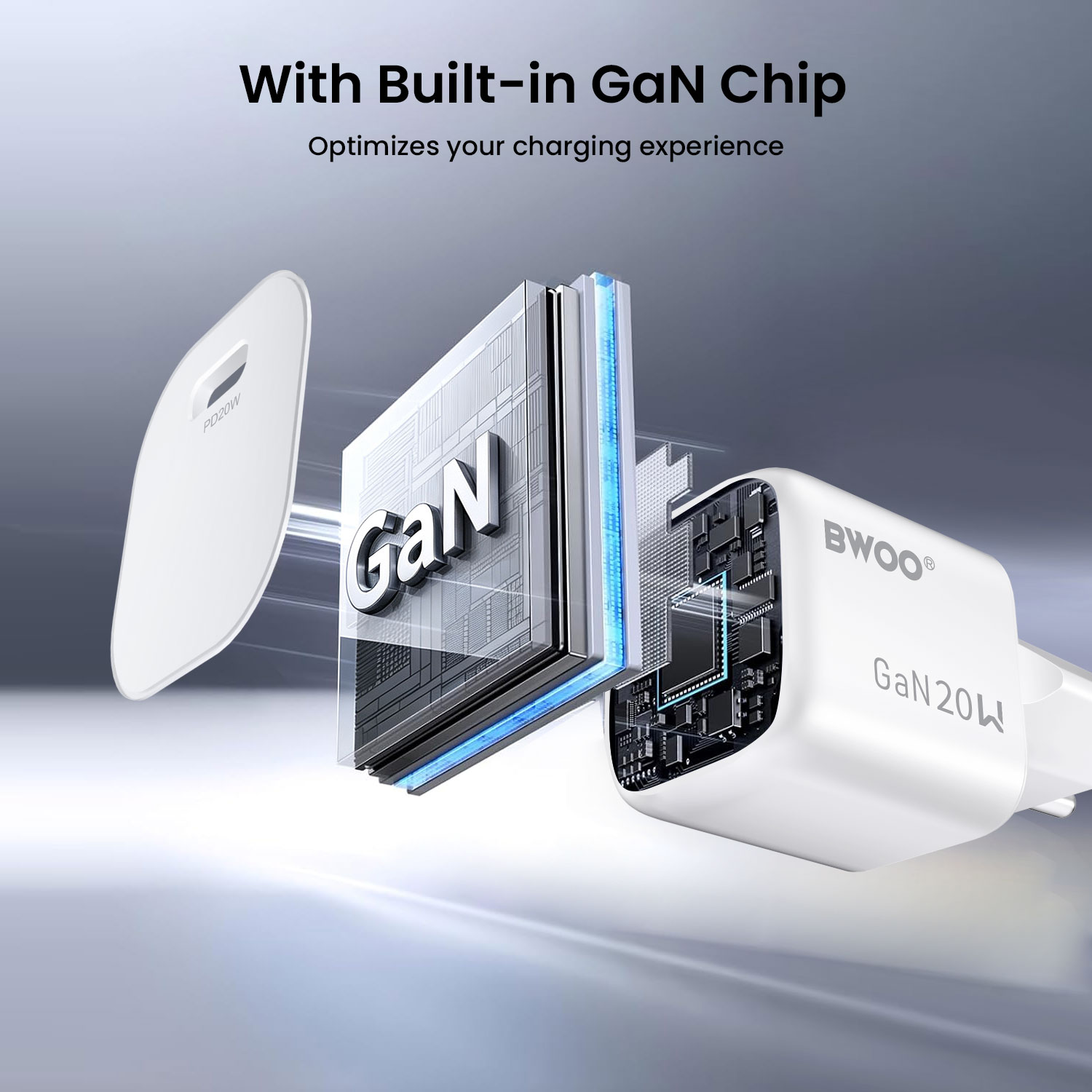 BWOO USB-C fast charger with advanced GaN chip technology