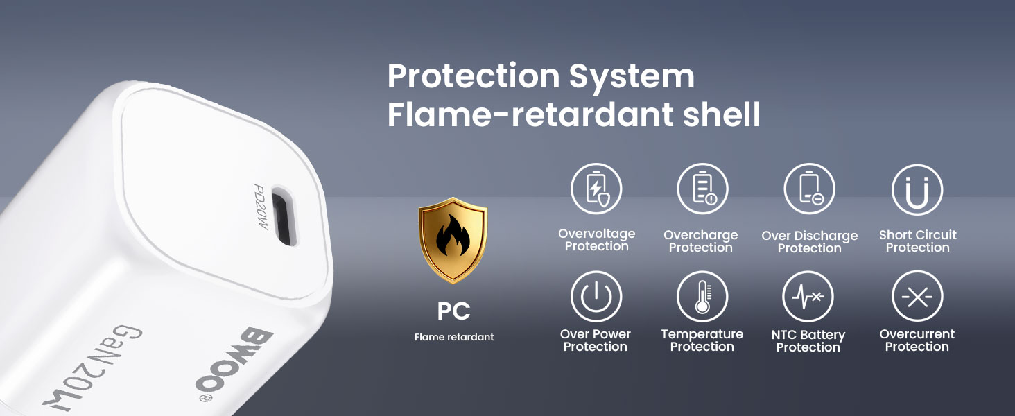BWOO 20W fast wall charger with flame-retardant PC shell