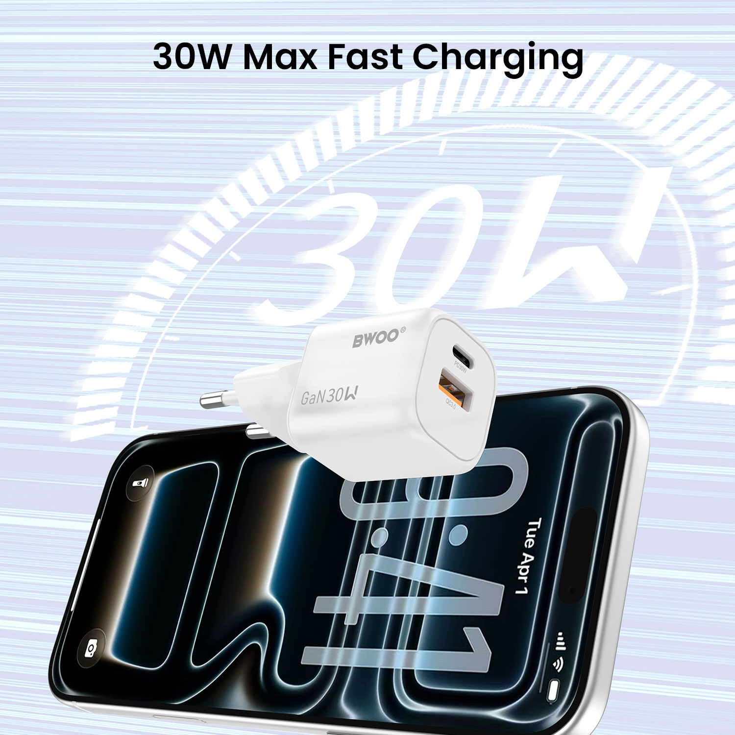 BWOO 30W GaN USB-C Charger with PD fast charging technology