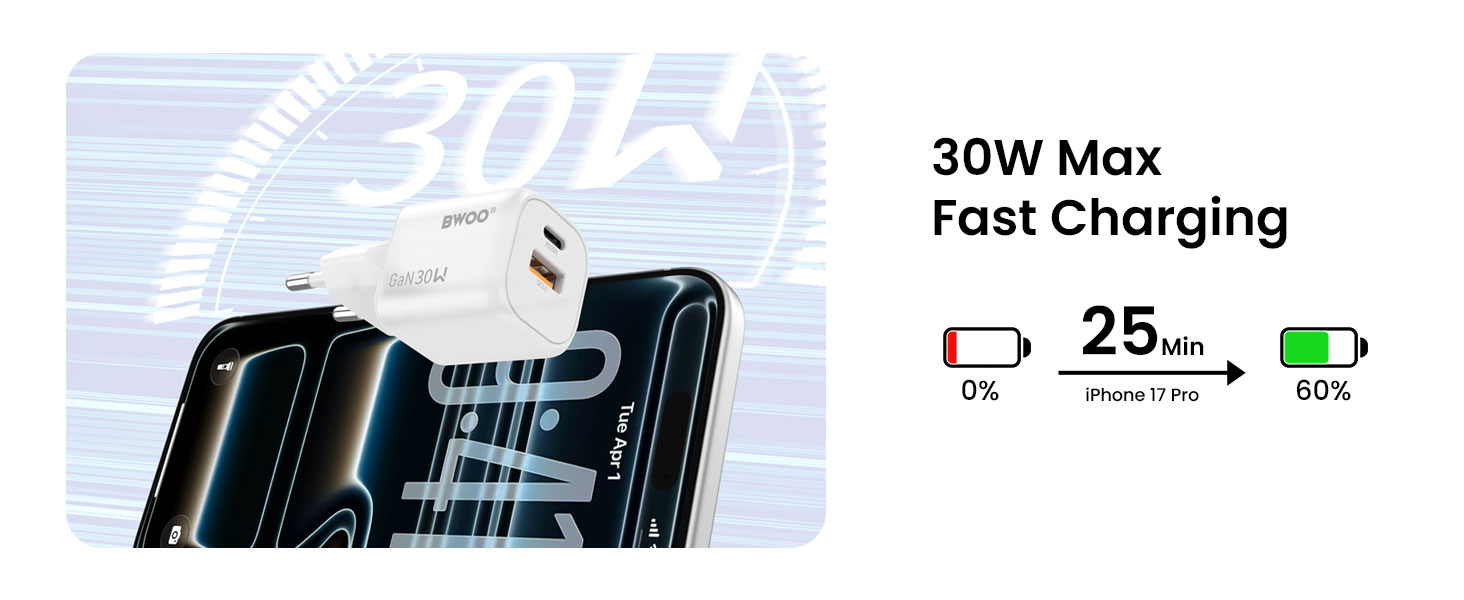 BWOO 30W fast charger supporting USB-C Power Delivery charging