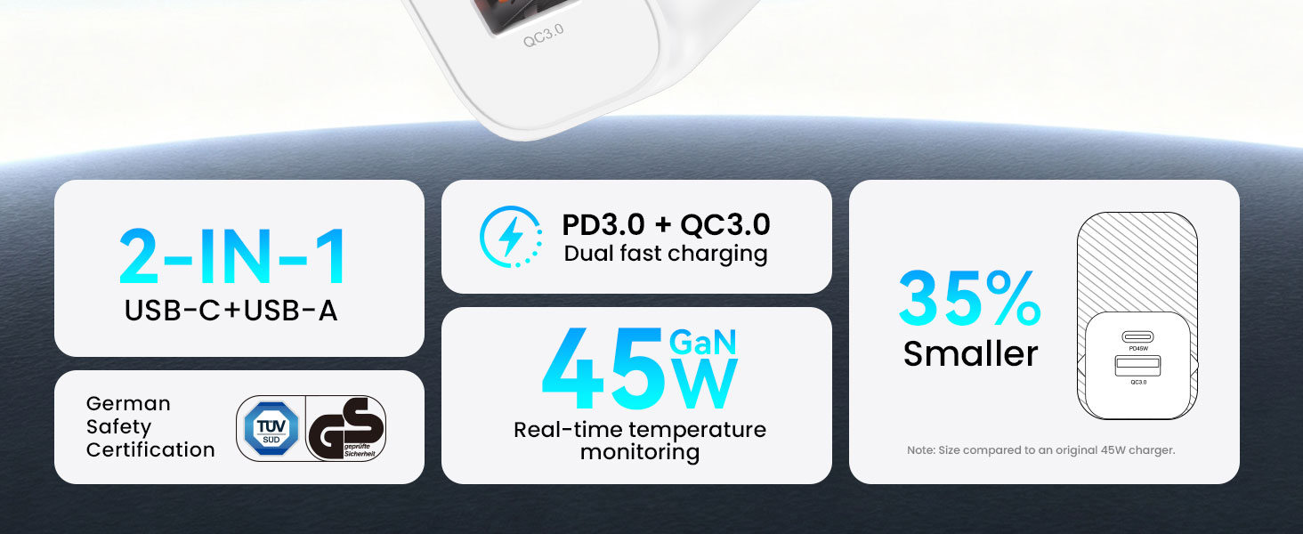 BWOO pd3.0 fast charger with usb-c + usb-a