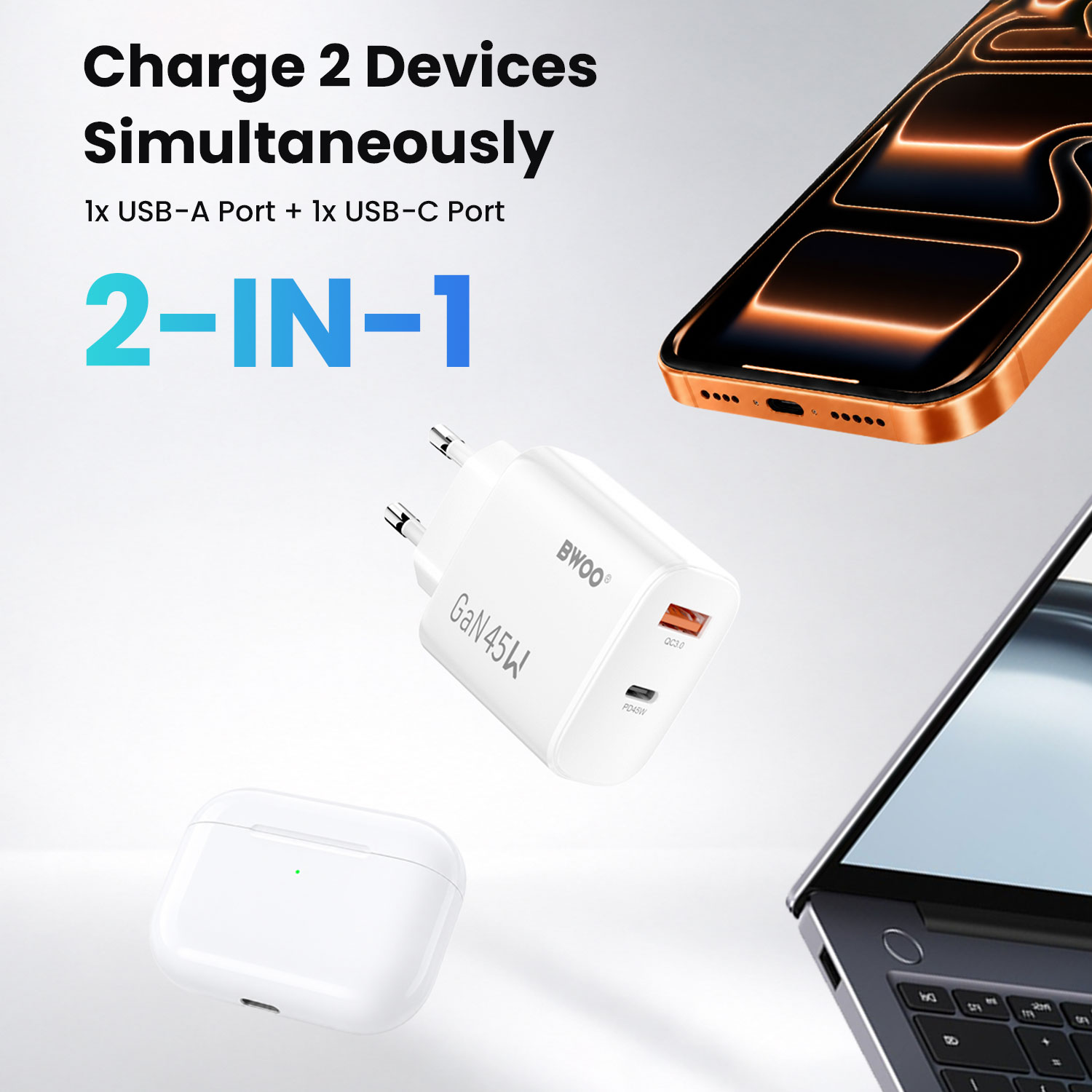 45W Dual-Port Charger for Laptop and Phone