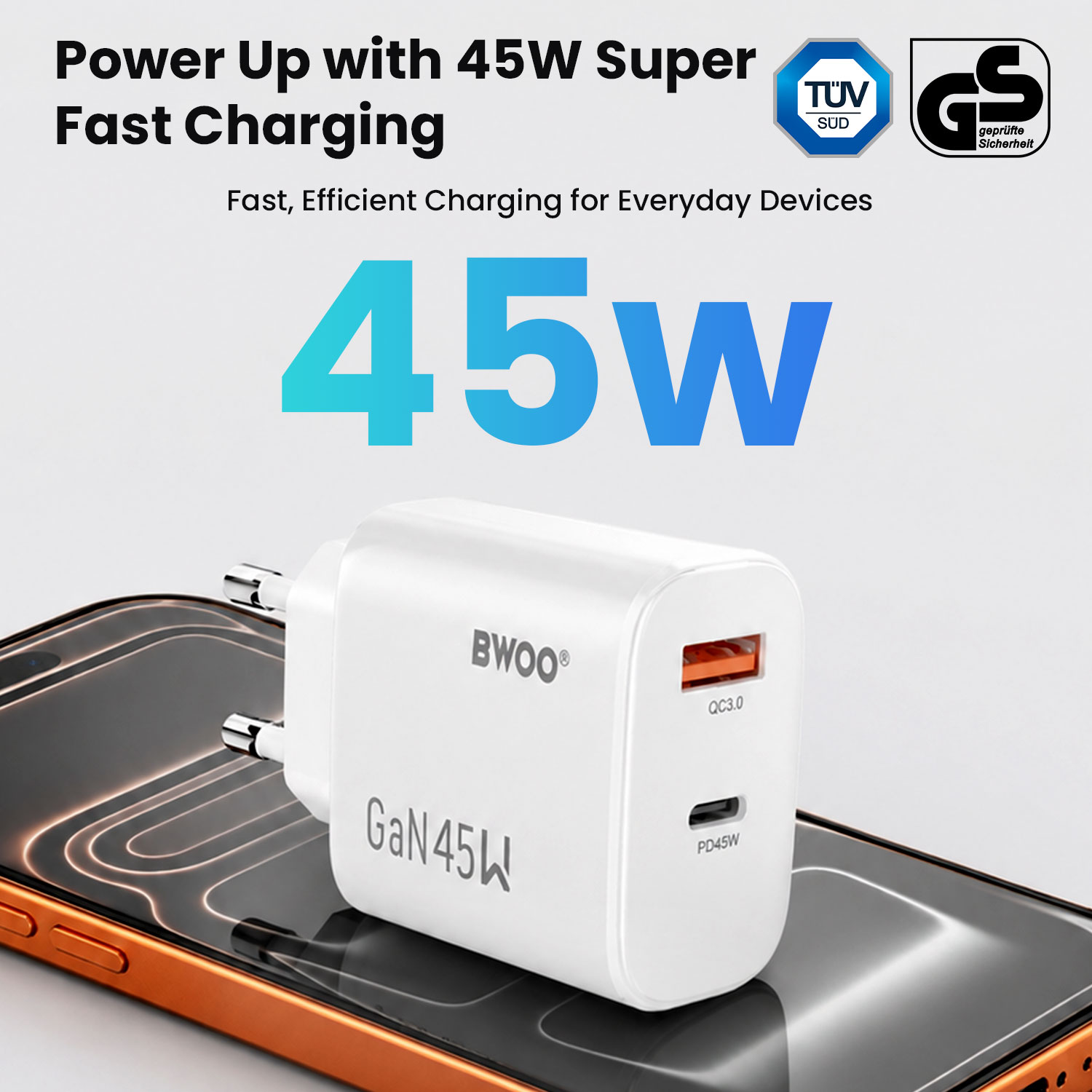 45W GaN Charger with USB-C and USB-A Ports