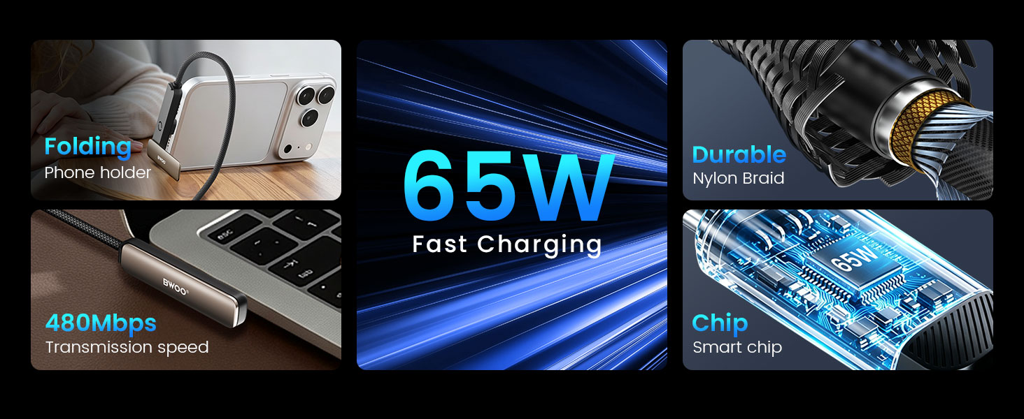BWOO 65W USB-C Cable with Folding Phone Stand